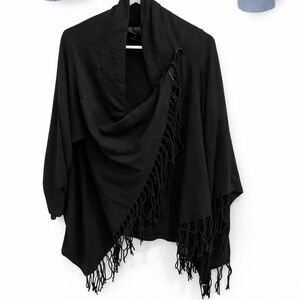 Love tree small Black Poncho Sweater with Fringe